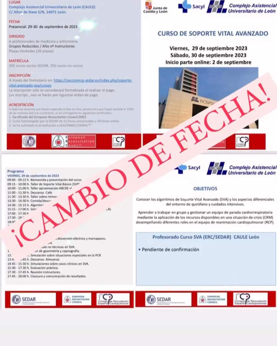 Como no os lo podéis perder, os damos tiempo para organizaros. Cambio de fechas para el curso de Soporte Vital Avanzado 29-30 de septiembre.

¡Bienvenidos a León!
<a href="/sedar_es/">SEDAR</a> <a href="/ERC_resus/">ERC - European Resuscitation Council</a> 

seccionrcp-sedar.es/index.php/sopo…