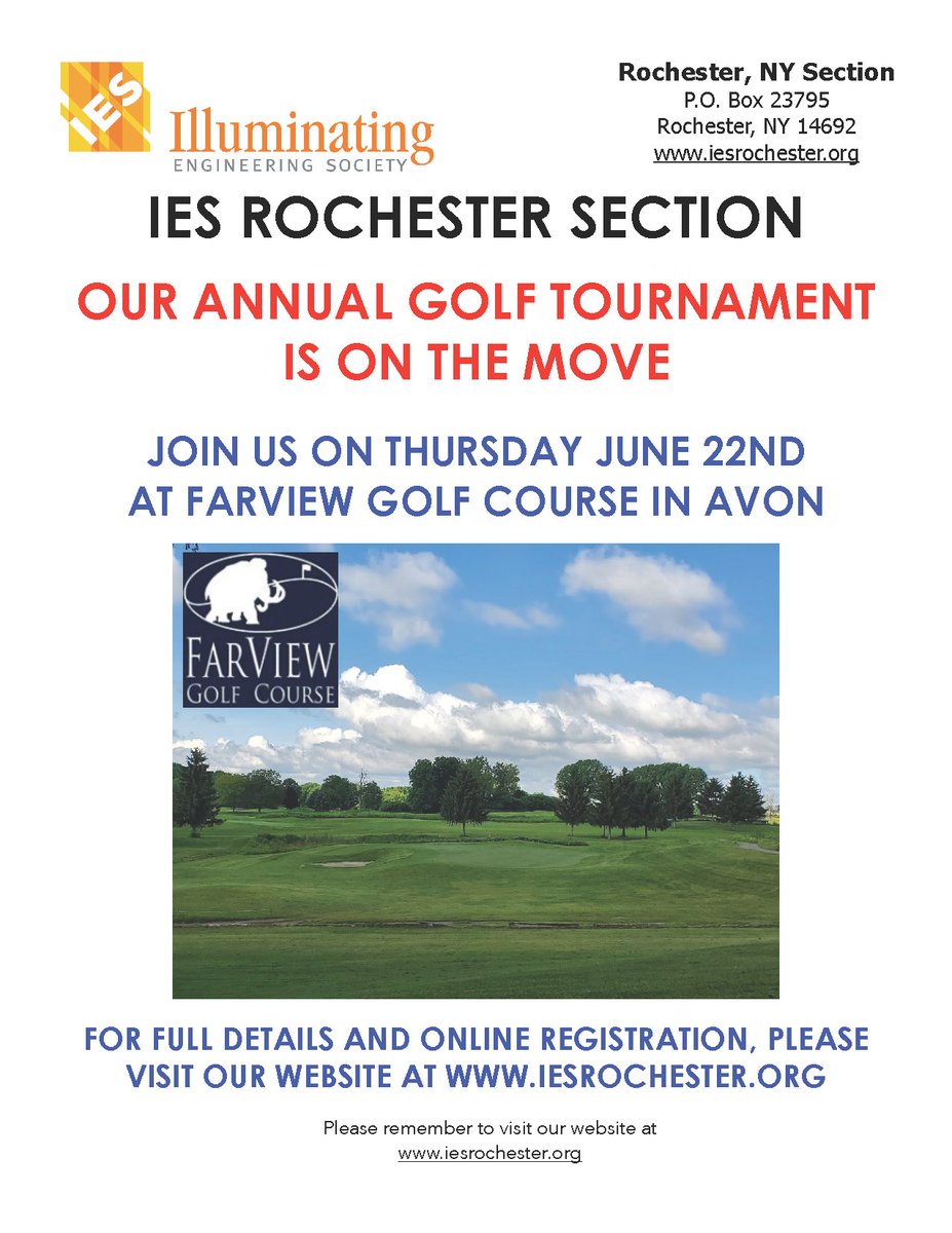Please join us at the Farview Golf Course in Avon on Thursday, June 22nd for our Annual Golf Tournament! Please register using the link provided in the flyer if you plan on attending.

We look forward to seeing you there!

#NLE #NewtonLightingEnterprises #IES #FarviewGolfCourse