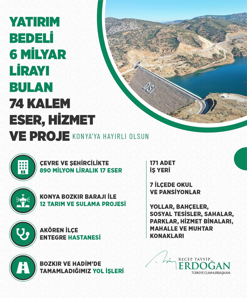 Bugün Konya’mızda resmî açılışını yaptığımız, toplam yatırım bedeli 6 milyar lirayı bulan 74 kalem eser, hizmet ve proje şehrimize hayırlı olsun.