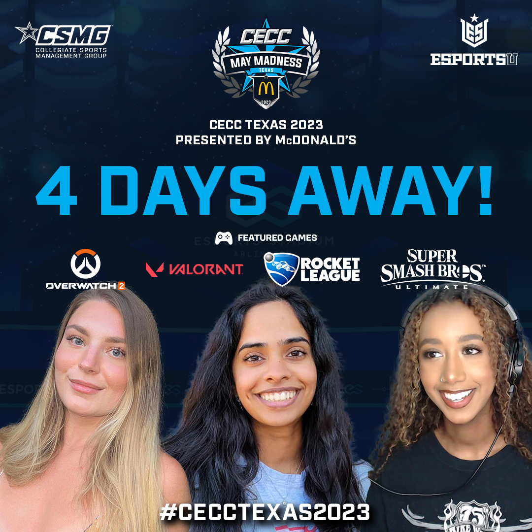 𝟰 𝗗𝗔𝗬𝗦 𝗔𝗪𝗔𝗬! Tag your #esports program/school and 𝘁𝗲𝗮𝗺𝗺𝗮𝘁𝗲𝘀 in the comments!  The #CECCTexas2023 presented by <a href="/McDonalds/">McDonald's</a> live stream starts this Saturday at 9:00 A.M. CST from <a href="/EsportsStadium/">Esports Stadium Arlington</a>!

Follow and set a reminder for Twitch.tv/EsportsU