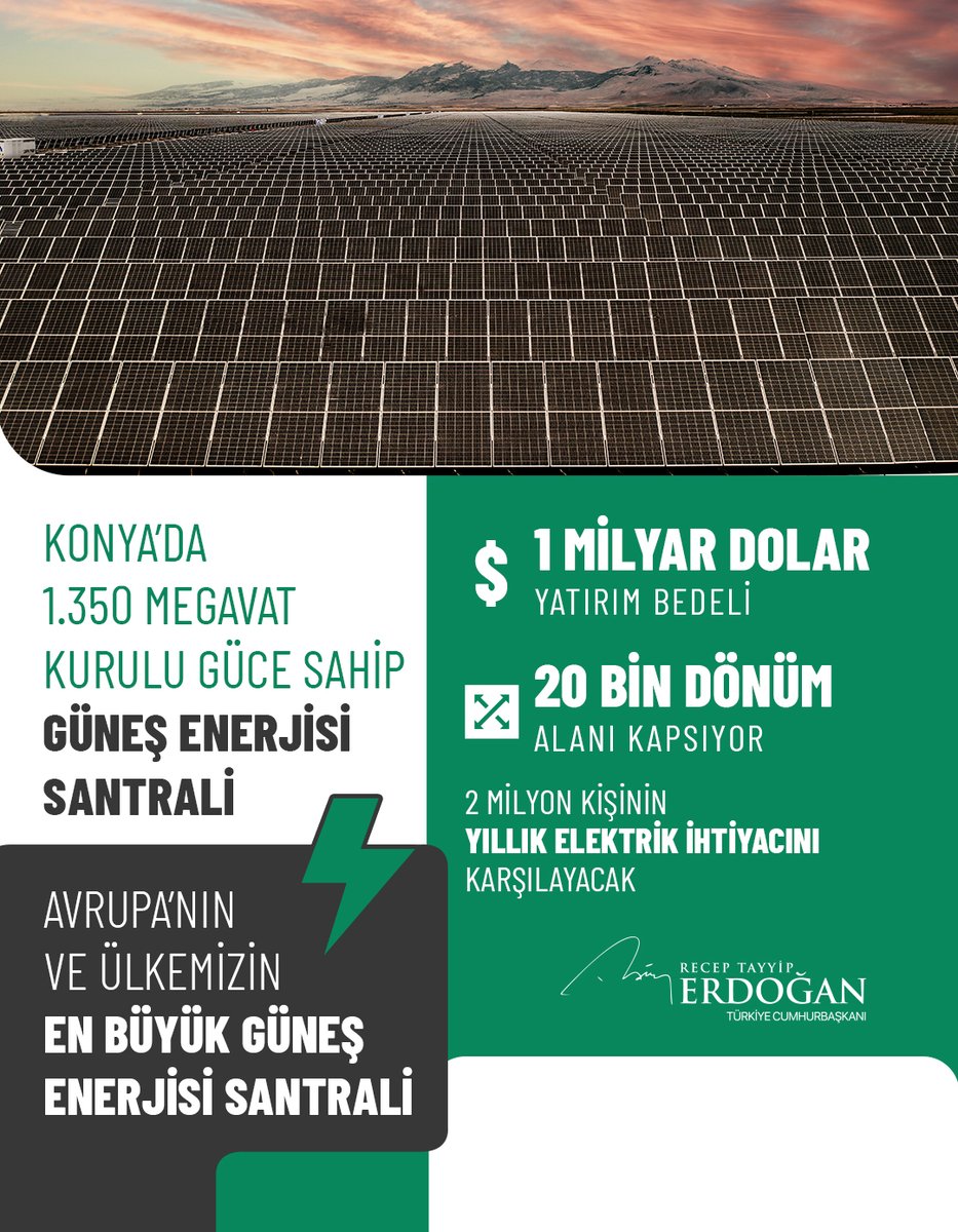 Konya Karapınar’da 1 milyar dolarlık yatırımla kurduğumuz güneş enerjisi santralinin açılışını da bugün yaptık. Dünyanın sayılı, Avrupa’nın ve ülkemizin bu alanda en büyük enerji santrali olan tesisimiz 2 milyon kişinin yıllık elektrik ihtiyacını karşılayacak.
