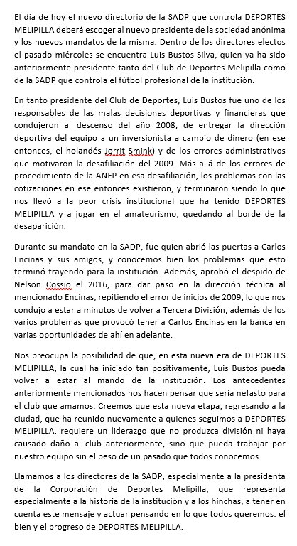 HinchasMeli's tweet photo. Respecto  a la elección de presidente de la SADP que controla DEPORTES MELIPILLA,  que se hará el día de hoy, queremos compartir el siguiente mensaje.  Agradeceríamos que puedan ayudarlo a difundir. #VamosMelipilla https://t.co/CfXajruVFh