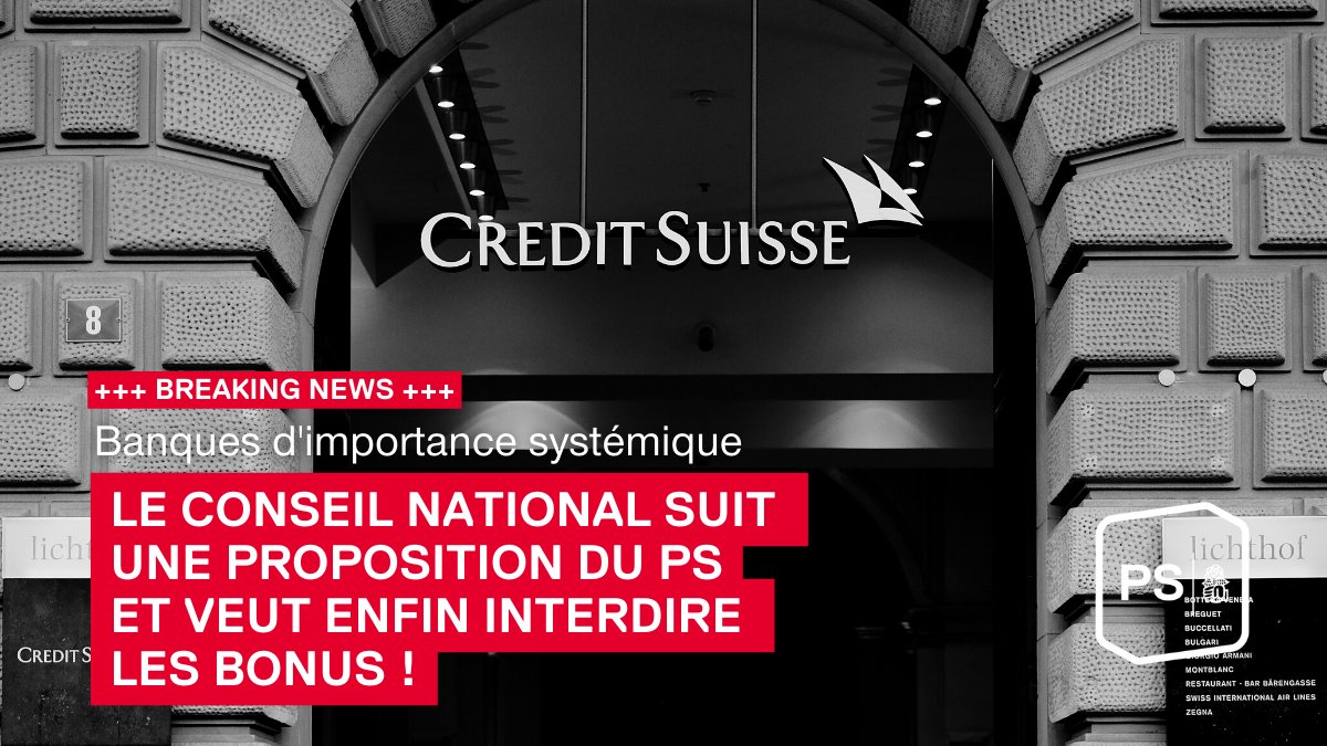 Breaking ‼️ Le Conseil national a approuvé deux motions du PS : elles demandent l’interdiction des bonus pour les banques d'importance systémique et des ratios de fonds propres plus élevés. Une étape importante pour réduire les risques après la débâcle de Credit Suisse.