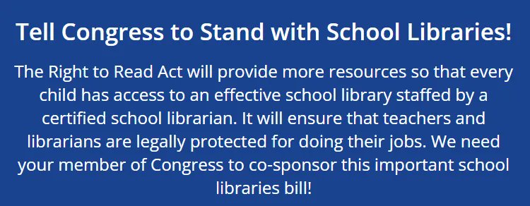 Last week, Senator Jack Reed (D-RI) and Representative Raúl Grijalva (D-AZ-03) re-introduced the Right to Read Act. Click below to tell your members of Congress to support school libraries, then share this action with your community.

buff.ly/3NBBKUx