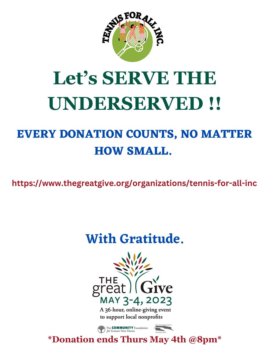 Please use the below link to donate!!!

thegreatgive.org/organizations/…

#tennis #tennis4all #greatgive