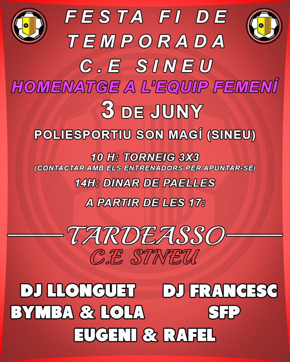 ce_sineu's tweet photo. 𝙁𝙀𝙎𝙏𝘼 𝙁𝙄 𝘿𝙀 𝙏𝙀𝙈𝙋𝙊𝙍𝘼𝘿𝘼 𝘾. 𝙀. 𝙎𝙄𝙉𝙀𝙐 🔴⚫️🔴⚫️

Així és! 😁 Dissabte 3️⃣ de juny el club celebra la festa de fi de temporada i hi estau tots convidats‼️👏🏽
📍Al poliesportiu de Son Magí. https://t.co/5pWRm9jx9S