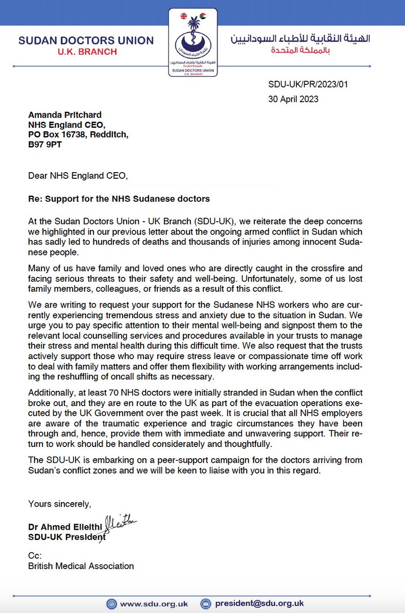 uk_sdu's tweet photo. SDU-UK letter to @AmandaPritchard for support of NHS Sudanese doctors amid #SudanWar. Let's stand together and support those affected by the war in Sudan. #NHS #SudanCrisis @SBPCA2
#KeepEyesOnSudan @NHSEngland @gmcuk @SjdaU @BBCNews @bsapch @elleithiAhmed https://t.co/hR6xu9g3or
