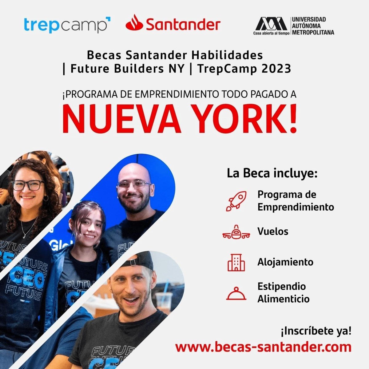 lauammx's tweet photo. #EmprendedoresUAM ¡Participa y obtén una de las #BecasSantander de #TrepCamp 2023! ¡Adquiere conocimientos que te ayudarán a desarrollar tu proyecto emprendedor en un viaje todo pagado a Nueva York!
.
¡Inscríbete!
🗓️ HASTA MAYO 10
▶️ https://t.co/4Q5CiZxqZK
.
#UAM #SoyUAM https://t.co/2OwMVrQQcN