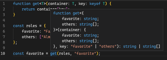 takam3g's tweet image. Self-memo as I got stuck (P156) 

get&amp;lt;T&amp;gt;(container: T, key: keyof T)
=&amp;gt; key&apos;s type is whichever from the keys of T 
=&amp;gt; union

1/3
#LearningTypeScript