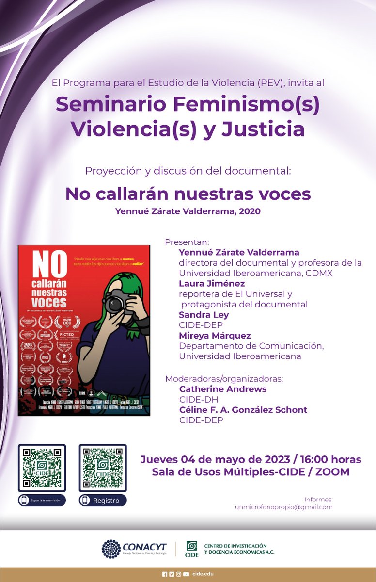 CIDE_MX's tweet photo. #AgendaCIDE | El #PEVCIDE te invita a la proyección y discusión del documental: "No callarán nuestras voces"
🗓️ 04 de mayo | 16:00 horas
📍 Sala de Usos Múltiples, CIDE Santa Fe
👉 Registro: https://t.co/c7ofzmqjIz
📺 Transmisión: https://t.co/ODirx1AqeI https://t.co/YaaALV9f2e