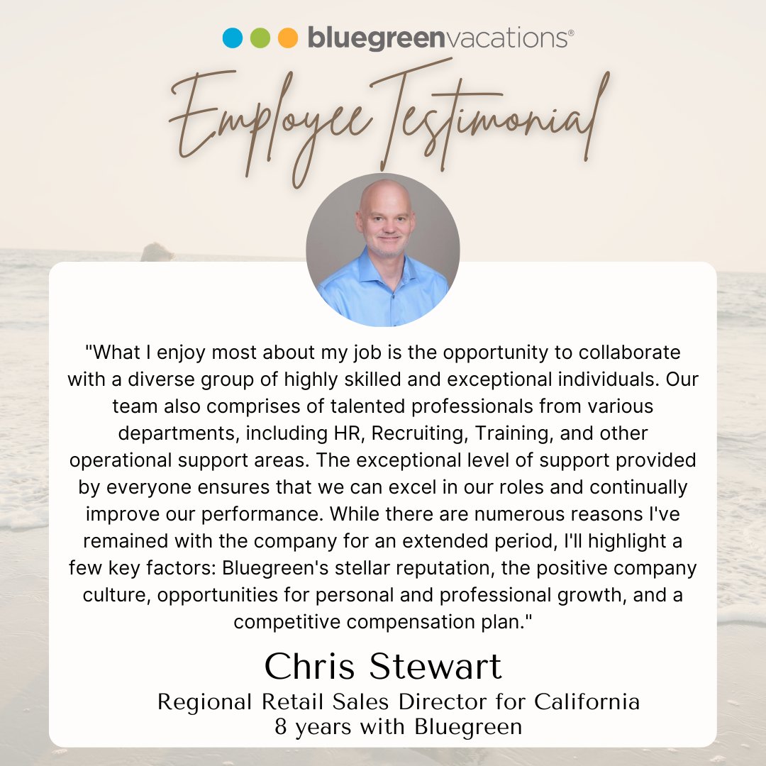 We love hearing from our associates. Check out this #TuesdayTestimonial from our Regional Retail Sales Director for California, Chris Stewart, who has been with Bluegreen Vacations for eight years!

#BluegreenVacations #ShareHappinessHere