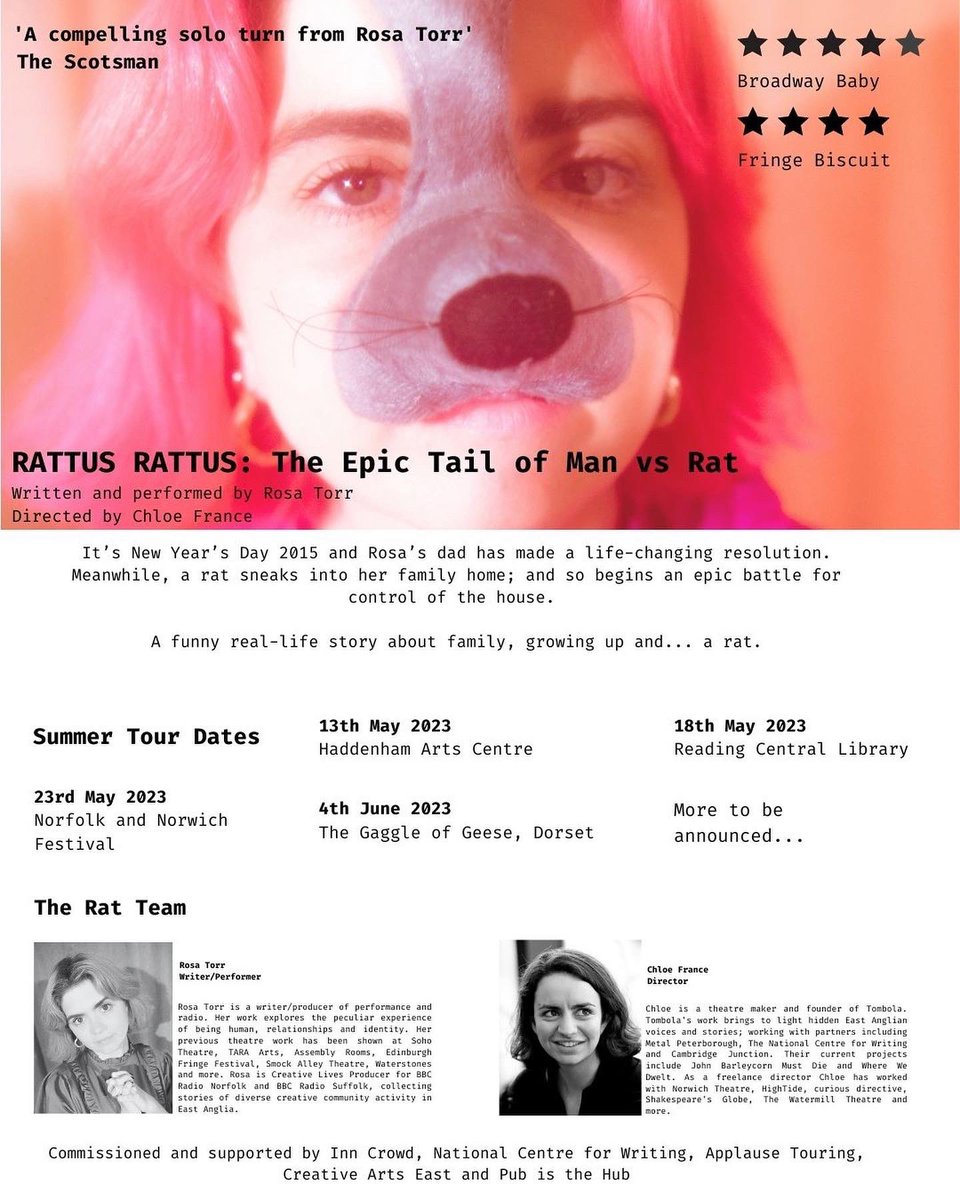 Summer dates added for RATTUS. Come along! 🐀
13 May- Haddenham Arts Centre
18 May- Reading Central Library
23rd May- <a href="/NNFest/">Norfolk & Norwich Festival</a> 
4 June- Gaggle of Geese Dorset

<a href="/crowd_inn/">INN CROWD</a> <a href="/WritersCentre/">National Centre for Writing</a> <a href="/ApplauseTouring/">Applause</a> <a href="/CreativArtsEast/">Creative Arts East</a> <a href="/PubistheHub_uk/">PubistheHub</a>