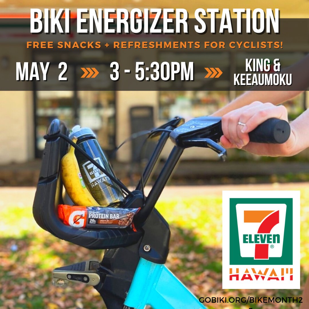 GoBikiHI's tweet photo. #BikeMonth Event Today!! Swing by our weekly Energizer Station on your ride home from work for free snacks courtesy of @7ElevenHawaii!
#honolulu #nationalbikemonth #ridealoha #bikemonthhawaii #gobikihi #bikeshare https://t.co/mGIurhuHIb