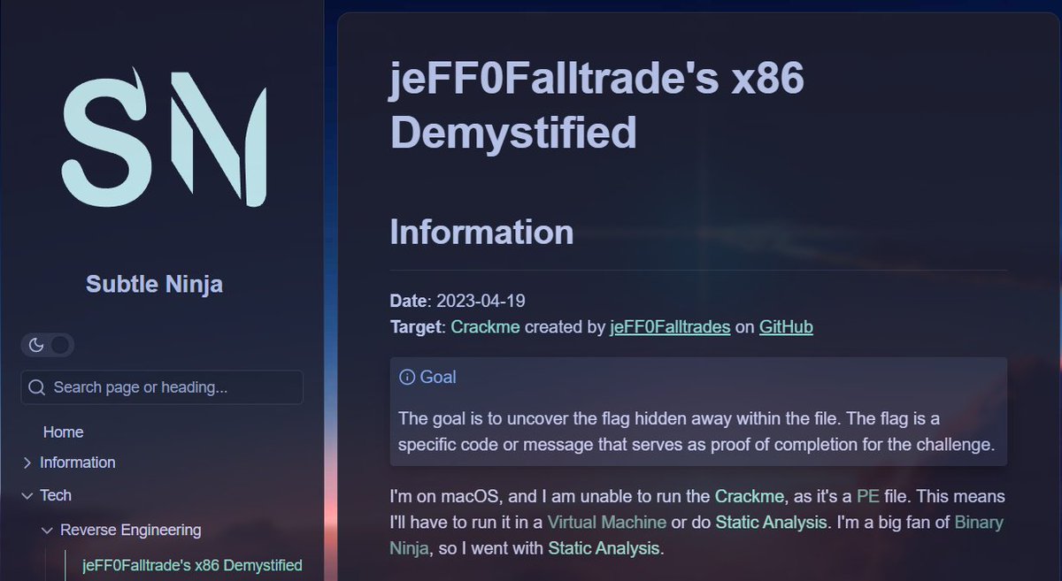 jeFF0Falltrades's tweet photo. I love this write-up that Amelia (aka Subtle Ninja) did on the crackme from my recent x86 RE course!

If you've already completed the challenge or don't mind spoilers, Amelia does a wonderful job of breaking down multiple aspproache to finding the flag:

https://t.co/MMBqg7Z36s https://t.co/U5WRvWXwrZ