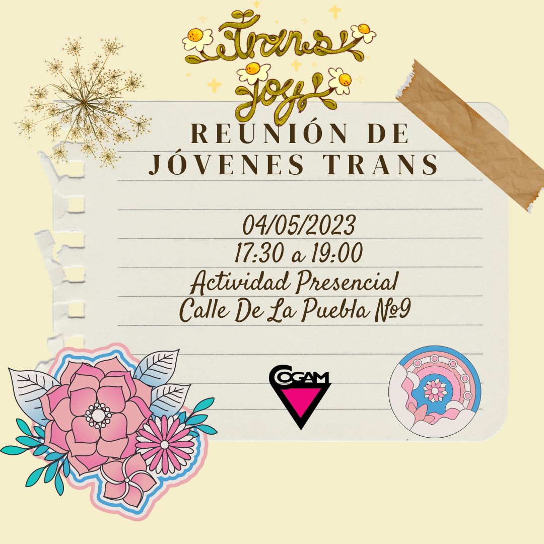 Tenemos nuestra próxima reunión este 4 de mayo a las 17:30. Esta semana comenzaremos la reunión antes de lo habitual

Son reuniones no mixtas para personas trans y en cuestionamiento. El rango de edad es de 20 a 30 años.  

No es necesario inscripción previa.

Te esperamos ✨