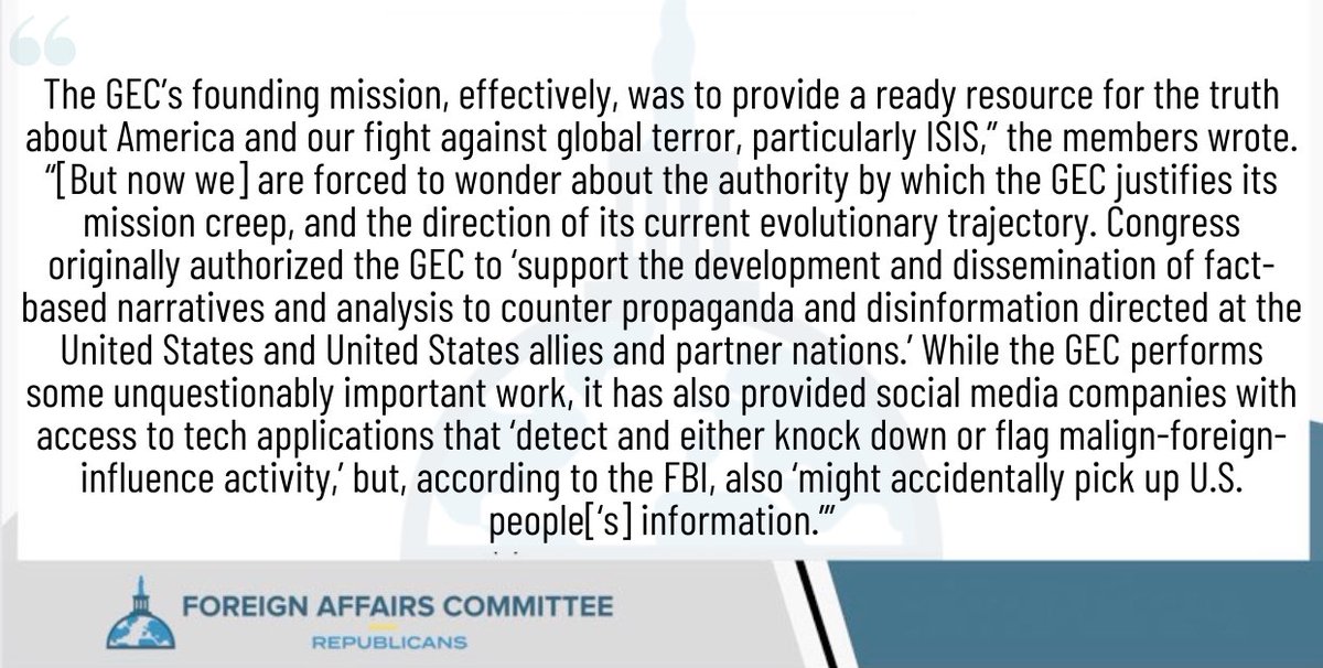 HouseForeignGOP's tweet photo. CHM @RepMcCaul, @RepBrianMast, #RepChrisSmith, @repdarrellissa, @RepMariaSalazar, @RepKeithSelf, @RepMillsPress, and @RepKenBuck sent an oversight letter to @SecBlinken demanding answers on GEC’s role in censorship. Read an excerpt from the letter here⬇️ https://t.co/DE7Nqbu6O3