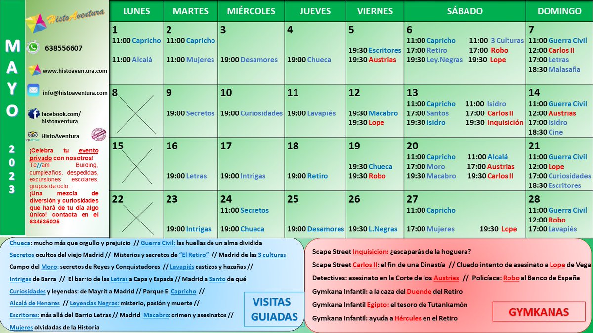 Agenda actividades de  #Mayo en #Madrid 👣👀
¡No te quedes sin planes este mes! 

Reservas a través de:⠀⠀⠀⠀⠀⠀⠀
☎️ 638556607 / grupos privados 634535025
🔗 histoaventura.com 
✉️ Info@histoaventura.com

¡PLAZAS LIMITADAS! ¡OS ESPERAMOS!