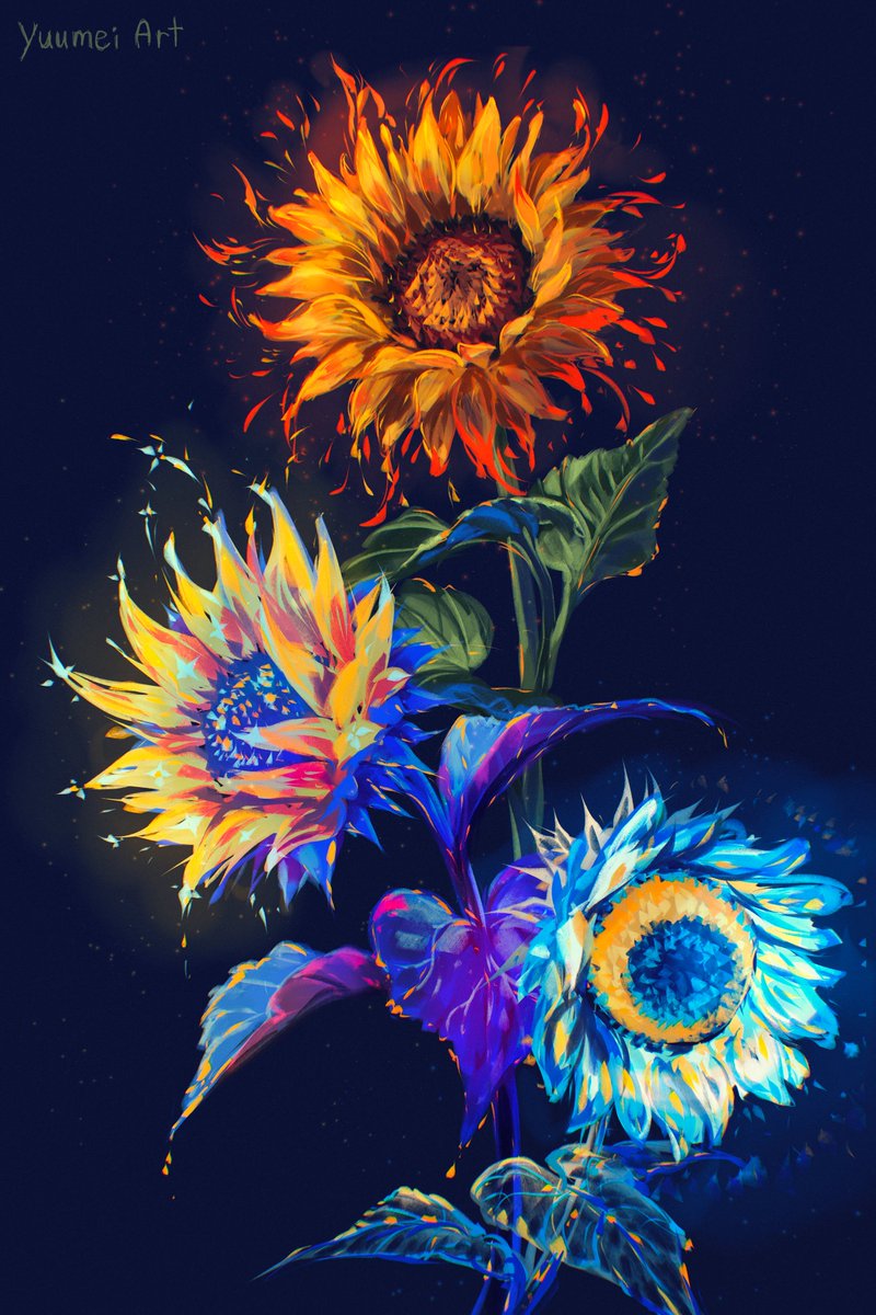 Yuumei_Art's tweet photo. ☀️Sunflower🌟Starflower 🌘Moonflower 

I started out painting the sunflower kind of realistically and then the rest just ran away from me https://t.co/Ou5WoahNRS