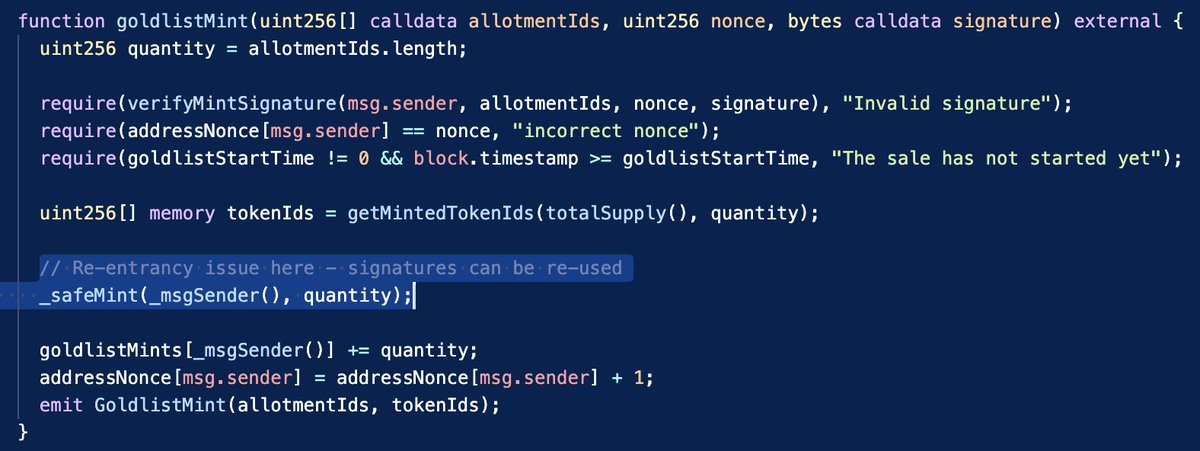 Seeing a potential re-entrancy exploit with the <a href="/SteadyStackNFT/">Steady Stack Scam/Rug Victims</a> contract.

Looks like anyone on the goldlist can re-use their signatures to mint as many NFTs as they want.

There's no supply check on this function so someone could mint out the remaining supply (limited by gas).