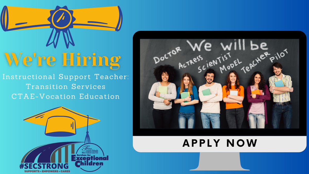 FCS_SEC's tweet photo. Join our SEC team! We are currently seeking an Instructional Support Teacher: Transition Services/CTAE-Vocation Education! Don't miss out on this great opportunity! #SECSTRONG @GillandTris
@JenniferDeber11 @SherryCP3
Click here to apply:
https://t.co/g0jjDcjsTz https://t.co/03x93xFXod