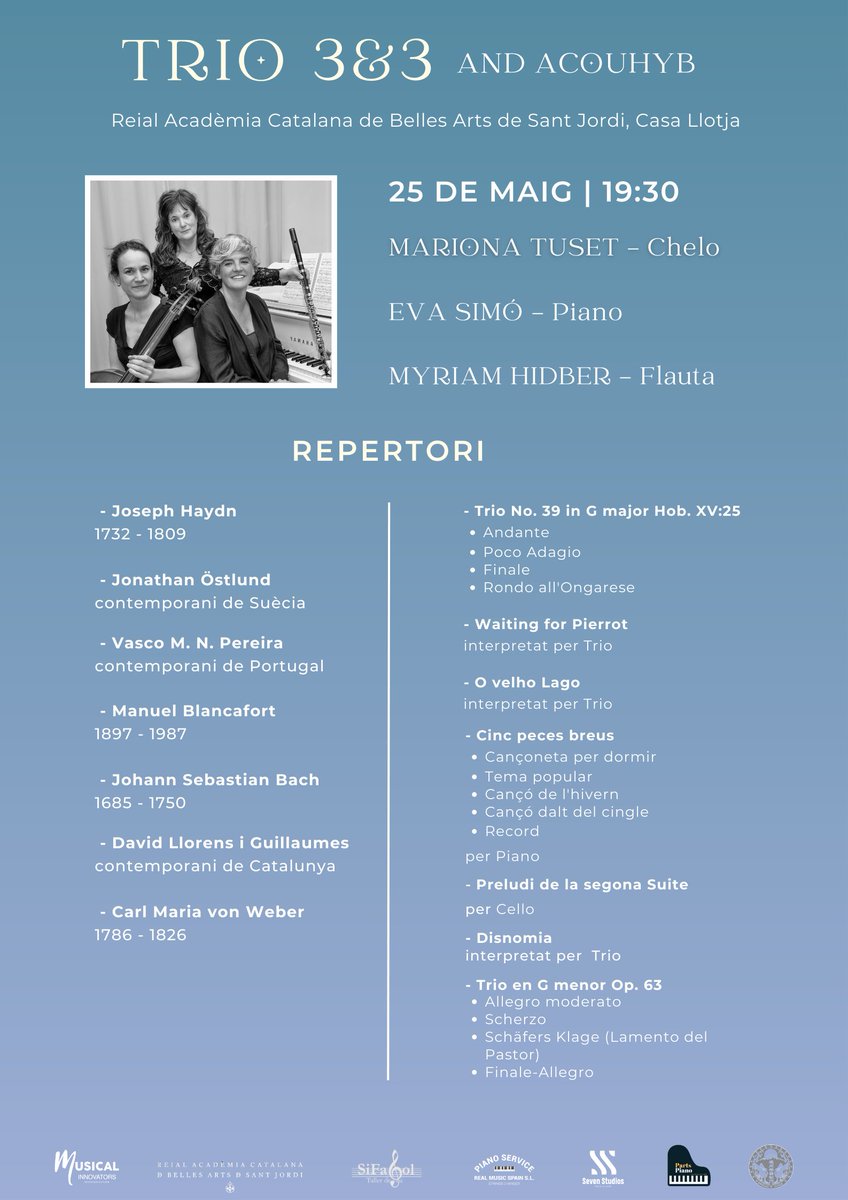Quina bona vetllada la del proper 25 de maig, 19,30 h
a la
#ReialAcademiasSantJordi
Entre jocs d´afinacions
#Ostlund #Bach #Pereia
#LlorensiGuillaumes
#Weber i #Blancafort
<a href="/eva_klassik/">Eva Simó</a>
#Myriam Hidber Dickinson
#MarionaTuset
#ACOUHYB
<a href="/bcncultura/">Barcelona Cultura</a> <a href="/cultura_cat/">Cultura</a> 
<a href="/BCNCulturaCAT/">BCNCultura.cat</a>