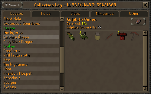 Latchyyyy's tweet photo. Not proud of this disgusting  spoon, but KQ pet on 45kc on the HC, also with 2 heads and 2 d chains 😃 #HCIM #OSRS https://t.co/N8lCZ6IZNX