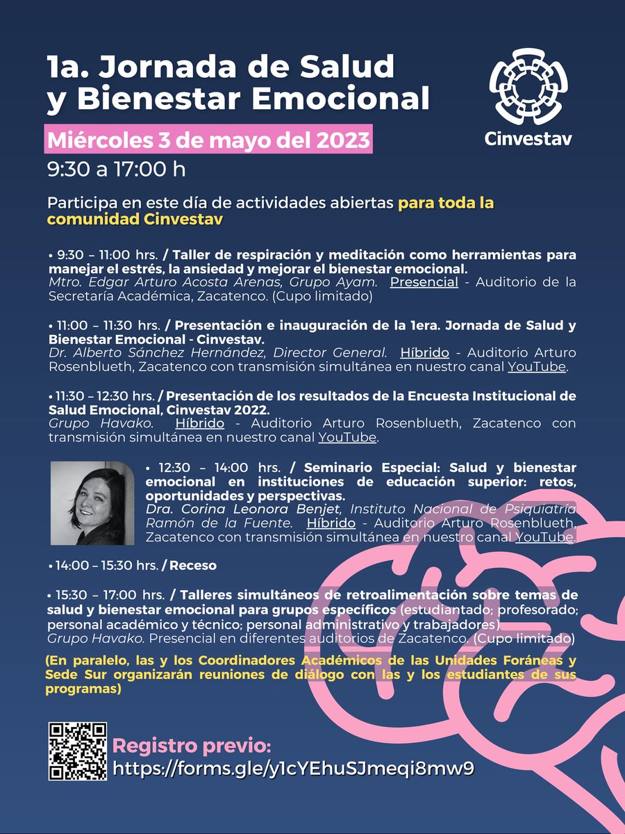 🚨MAÑANA🚨
🟢A toda la Comunidad Cinvestav
Se les invita a participar de las actividades abiertas de la 1era. Jornada de Salud y Bienestar Emocional.

⬇️Adjuntamos el programa de actividades.