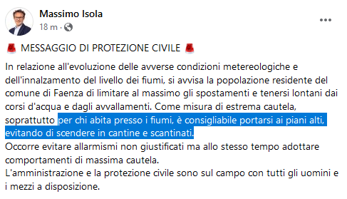 faenzanet's tweet photo. Messaggio importante del sindaco di Faenza.
"Se abitate vicino a corsi d'acqua portatevi ai piani alti, non scendete in cantine o scantinati!" https://t.co/KDvuBV5bjX