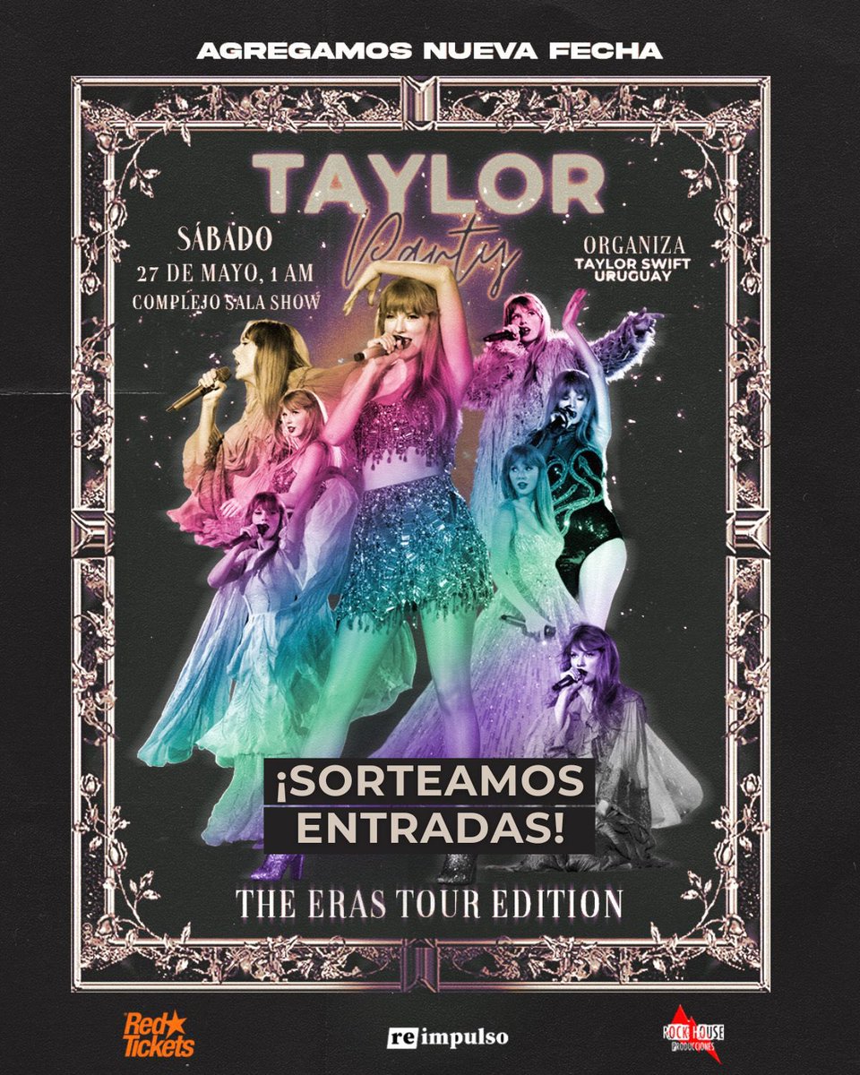 👸🏼 ¡SORTEO! Sorteamos dos entradas dobles para la #TaylorPartyUY: The Eras Tour Edition 🫶🏼 del sábado 27 de mayo (noche del viernes)

🎟Para participar: 
🌟 Seguinos 
🌟 Tagueá a un amigo/a
🌟 RT este tuit

🙀 Se sortean el martes 23/5🍀🤞🏼

🎫 ENTRADAS: redtickets.uy/evento/TaylorP…