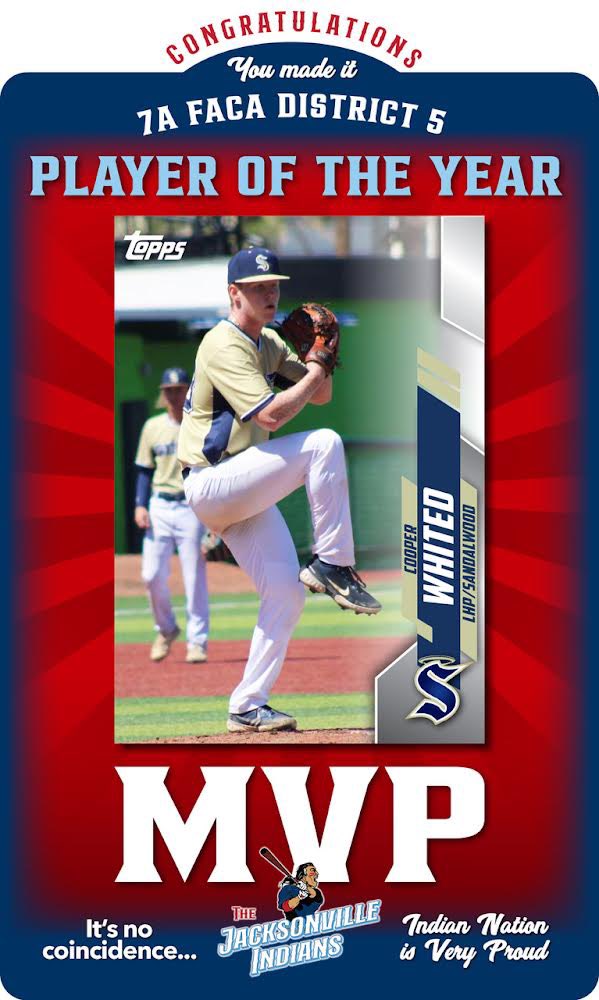 JaxIndians's tweet photo. CONGRATULATIONS CURRENT SANDALWOOD SAINT AND FORMER INDIANS STAND OUT, COOPER WHITED!!!
7A FACA District 5 Player of the Year.  District 5 MVP! https://t.co/0lqDW7ZvXC