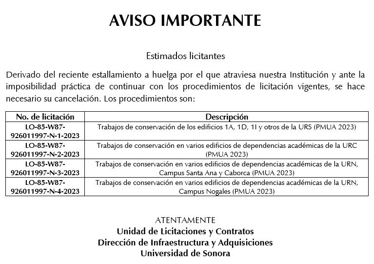 . <a href="/SoyUnison/">Soy Unison</a> Aviso Importante: Derivado del estallamiento a huelga por el que se atraviesa y ante la imposibilidad práctica de continuar con los procedimientos de licitación vigentes, se hace necesario su cancelación.#Licitaciónpública
<a href="/cmicsonora/">CMIC Sonora</a> <a href="/FCAES2/">FCAES</a> <a href="/cachermosillo/">CACH</a> <a href="/CICSON/">CICSonora</a>