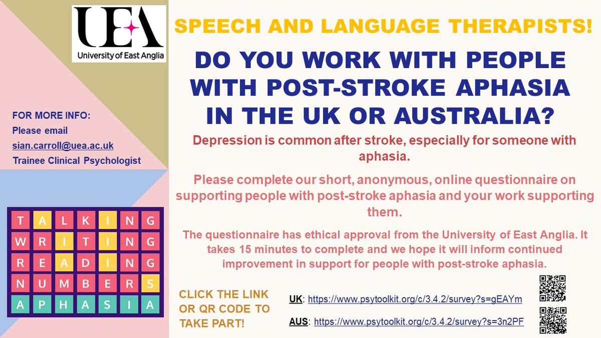 Calling #SLPeeps working in #Stroke #Aphasia, Please do take Clinical Psychologist PhD researcher @siancarroll_'s anonymous survey exploring current screening practices of low mood & depression in people with post-stroke aphasia psytoolkit.org/c/3.4.2/survey… @BasAphasia @ClinAcSLT