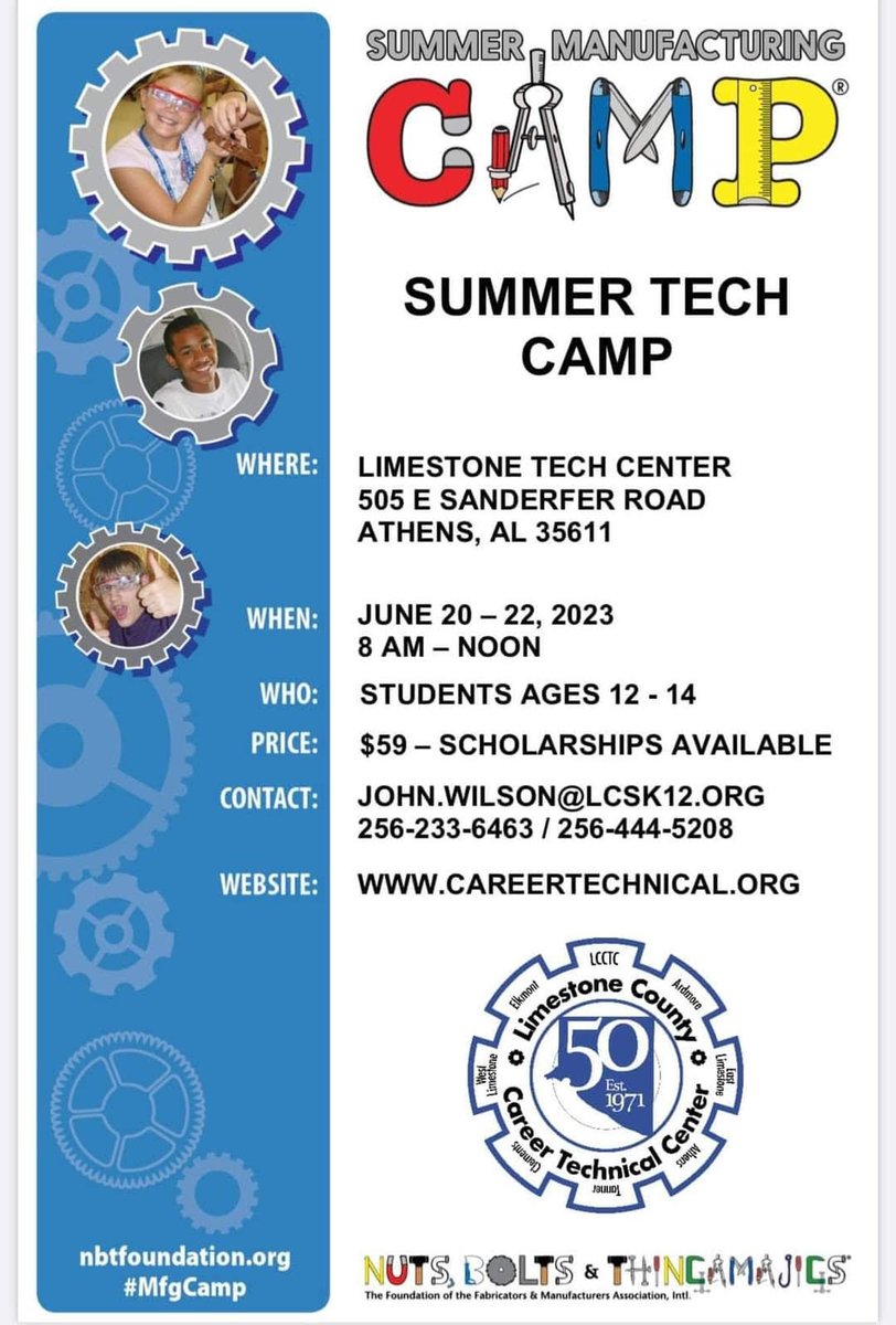 Our summer tech camp is aimed at introducing students, ages 12-14, to the exciting world of manufacturing through hands-on discovery while encouraging them to pursue skilled trades. Sign your student up today at careertechnical.org @LCSforKIDS <a href="/newscourier/">Newscourier</a> @AthensALschools