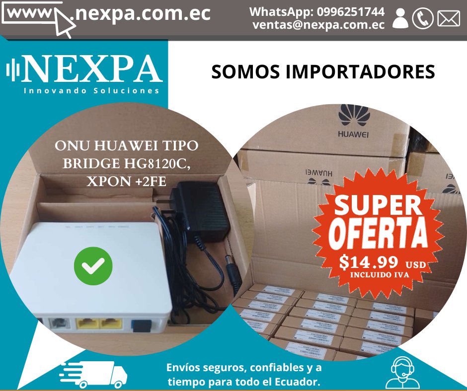 NexpaSa's tweet photo. #NEXPA #TELECOMUNICACIONES #ISP
ONU/ONT Huawei HG8120C tipo Bridge.
EXCELENTE CALIDAD.
SÚPER OFERTAS HASTA  AGOTAR STOCK, APROVECHA! 📷📷
📷 https://t.co/ylDiXbXTQ2
Envíos seguros y confiables para todo el Ecuador.
¡YA ACEPTAMOS PAGOS CON TARJETA! https://t.co/UBPcEoJ1SB