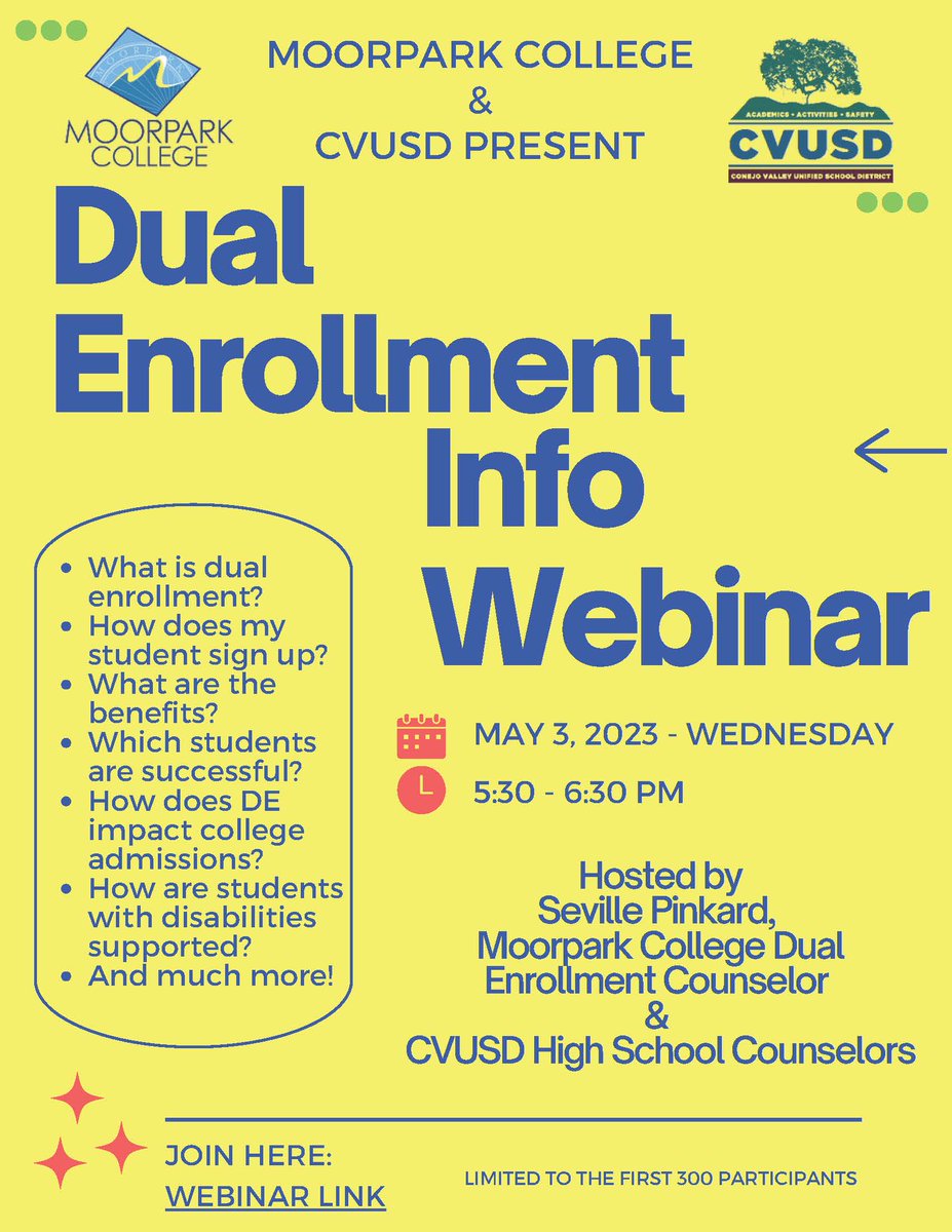 ConejoValleyUSD's tweet photo. Tomorrow, Wed., May 3rd at 5:30pm: Families/Students are invited to join Moorpark College &amp; CVUSD counselors for a "Dual Enrollment Information Webinar" to learn more about dual enrollment opportunities for CVUSD students. More info &amp; link to attend, here: https://t.co/lRQUSG6Fvq https://t.co/W9FBSMDQHQ