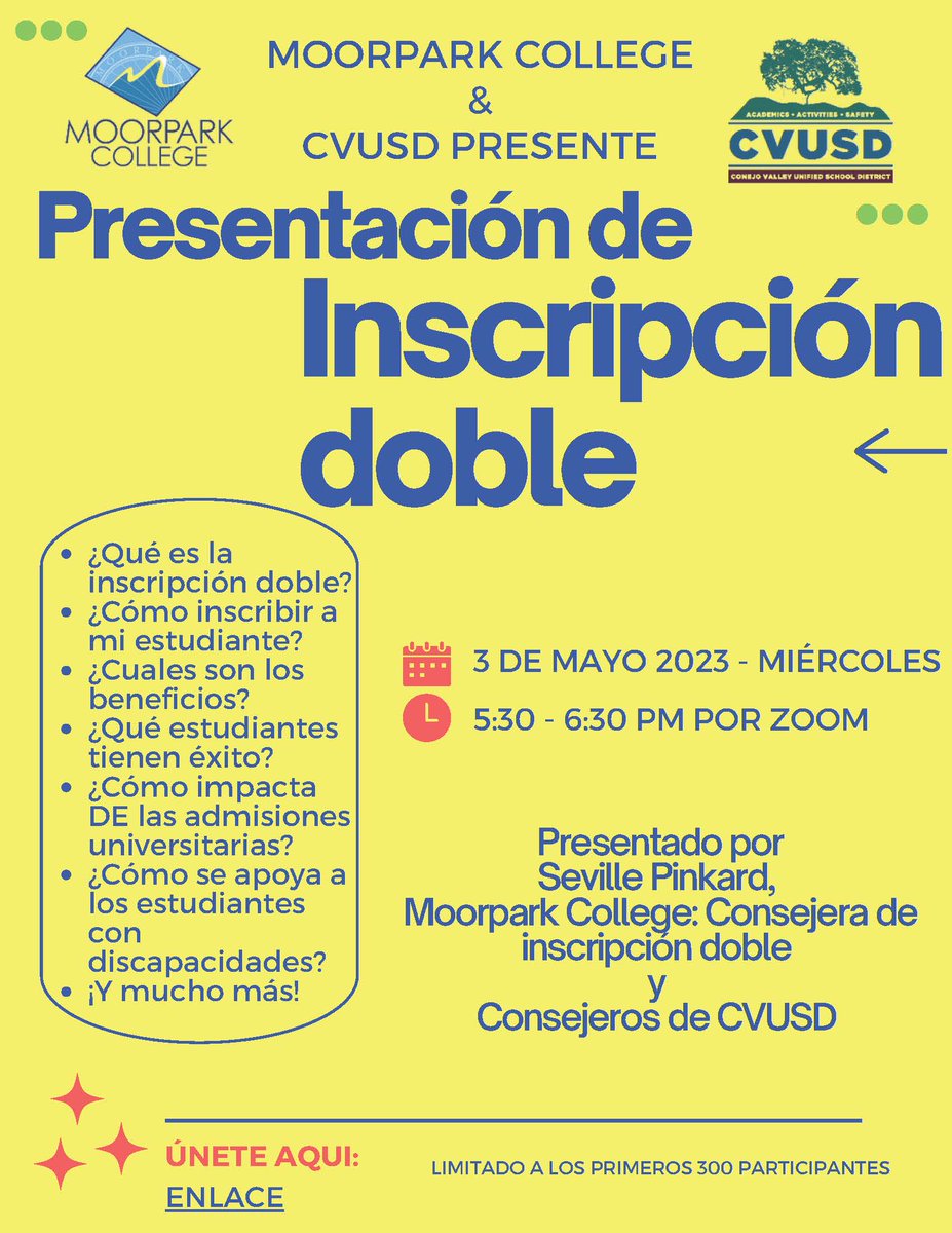 ConejoValleyUSD's tweet photo. Tomorrow, Wed., May 3rd at 5:30pm: Families/Students are invited to join Moorpark College &amp; CVUSD counselors for a "Dual Enrollment Information Webinar" to learn more about dual enrollment opportunities for CVUSD students. More info &amp; link to attend, here: https://t.co/lRQUSG6Fvq https://t.co/W9FBSMDQHQ