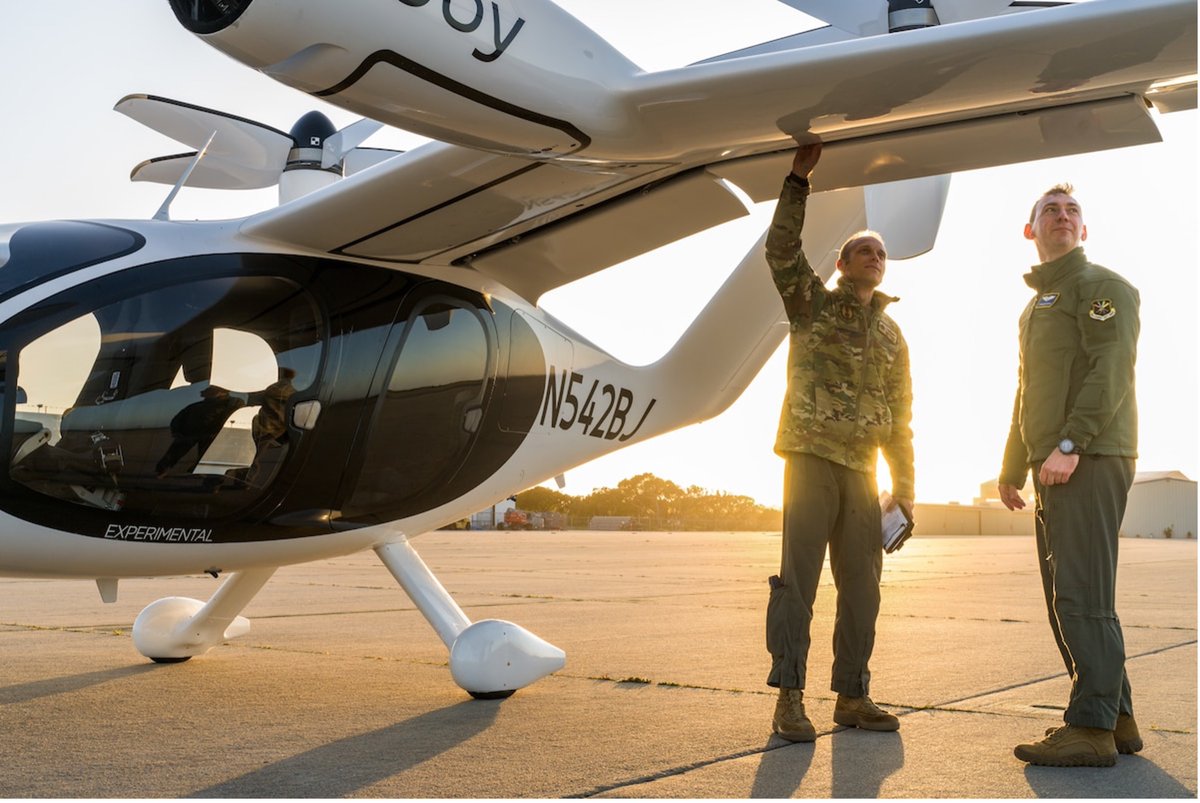 usairforce's tweet photo. The future is now! Four Air Force pilots remotely flew a Joby electric vertical takeoff &amp; landing (eVTOL) aircraft in Marina, California. The aircraft marks a new phase in bringing zero-emissions aviation into the military. 
https://t.co/wVZgSHWTOJ https://t.co/kTjltgryIi