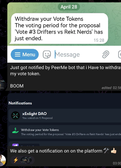PeerMeHQ's tweet photo. with the latest release of #PeerMe v2, we introduced notifications for when vote tokens can be withdrawn again🔔✅
👉 quick tip: connect your Telegram account with your PeerID to get notified directly inside your inbox📨
some peers have already figured it out🧠👇
#MultiversX https://t.co/REtcuH8eFW
