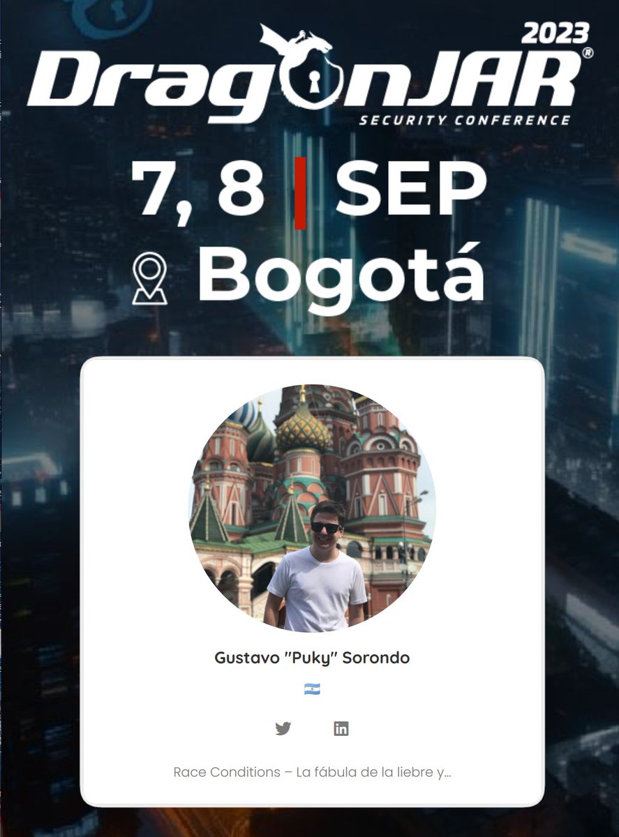En Septiembre estaré en 🇨🇴Colombia para la 10ma edición de la <a href="/DragonJARCon/">DragonJAR 🐉 Security Conference 🏴‍☠️</a>, un evento al que asistí varias veces y al cual tenía muchas ganas de volver.
La temática de mi charla... "Race Conditions". Nos vemos allá! 🎉 <a href="/cintainfinita/">Cinta Infinita</a>