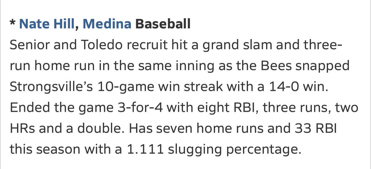 Senior Nate Hill <a href="/NathanHill31/">Nate</a> has been nominated for the MaxPreps Ohio Athlete of the Week! <a href="/medinaathletics/">Medina Athletics</a> <a href="/mhsbeesswarm/">MEDINA SWARM</a> <a href="/MedinaBoosters/">MedinaBoosters</a> 

Get your votes in now! Voting Ends May 8th.  

🗳️ maxpreps.com/m/news/utFLgeR…
