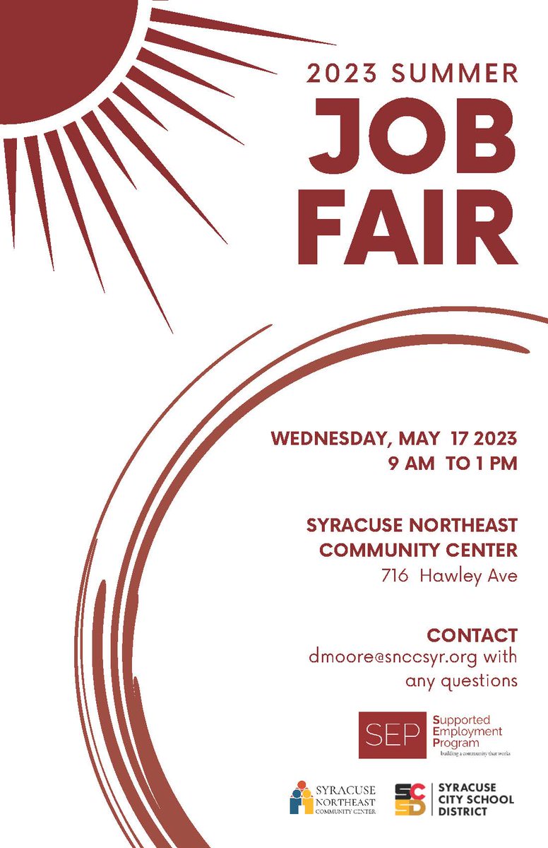 Syracuse Community 2023 Job Fair|#Syracuse, NY| 05/17/2023 | 09:00 AM-01:00 PM |

See flyer, register <a href="/SyracuseSchools/">Syracuse City School</a>

#JobFair #Onsite #Jobseekers