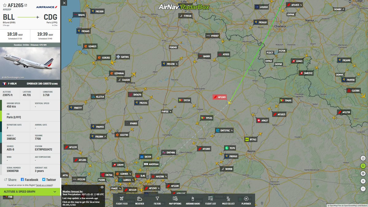 AirNavRadar's tweet photo. Air France #AF1265 from #Billund to #Paris (CDG) is declaring an emergency via squawk 7700: 
https://t.co/tMqfMQ85Ej ✈️

Follow us here for more updates! https://t.co/0a57hgNdVL