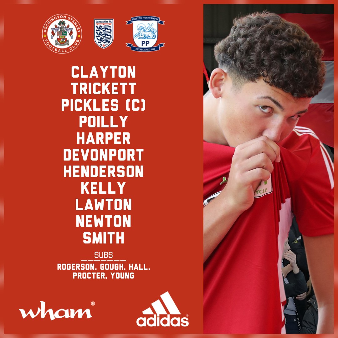 👥 𝙏𝙚𝙖𝙢 𝙉𝙚𝙬𝙨… Here’s your #asfc Under-18s starting XI for this evening’s @LancashireFA Youth Cup final tie against @pnefc.