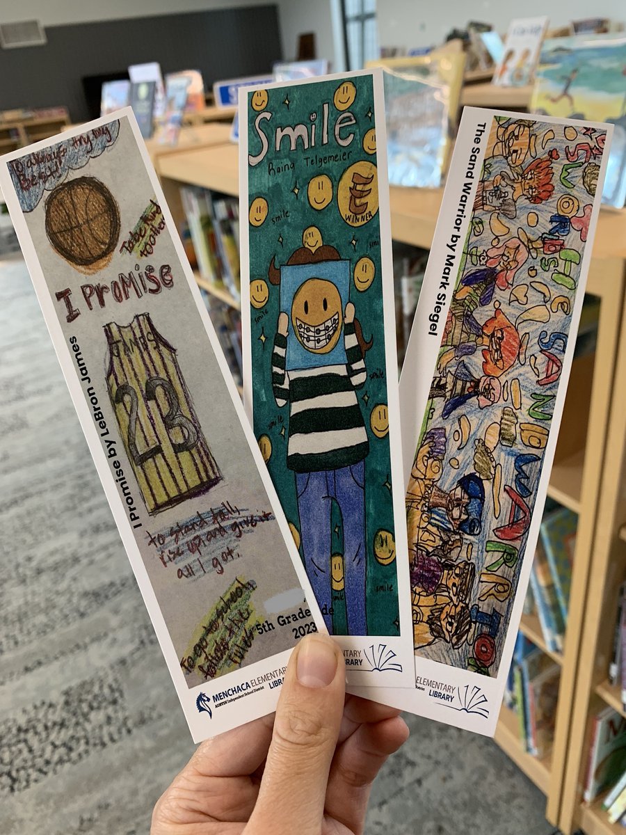 MenchacaLibrary's tweet photo. Our 3rd-5th grade #SchoolLibraryMonth Library Bookmark Contest winners were inspired by The Sand Warrior by @marksiegelbooks, Smile by @goraina, and I Promise by @KingJames! Come find one of these amazing bookmarks in the library! #MenchacaReads 😍📚 https://t.co/KUtA9yCqPI