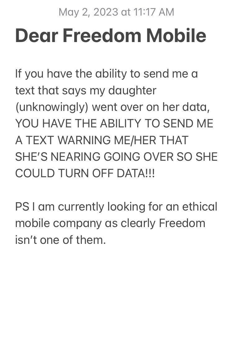. <a href="/freedomsupport/">worldiswild</a> 

Recently my daughter went from Edmonton to Florida. Before leaving I called Freedom and paid $70 to cover her roaming while in the US. It came w/3 GB data.

I got a generated text from freedom that she was over her 3 GB &amp; I will be getting a $400 charge.😳👇
