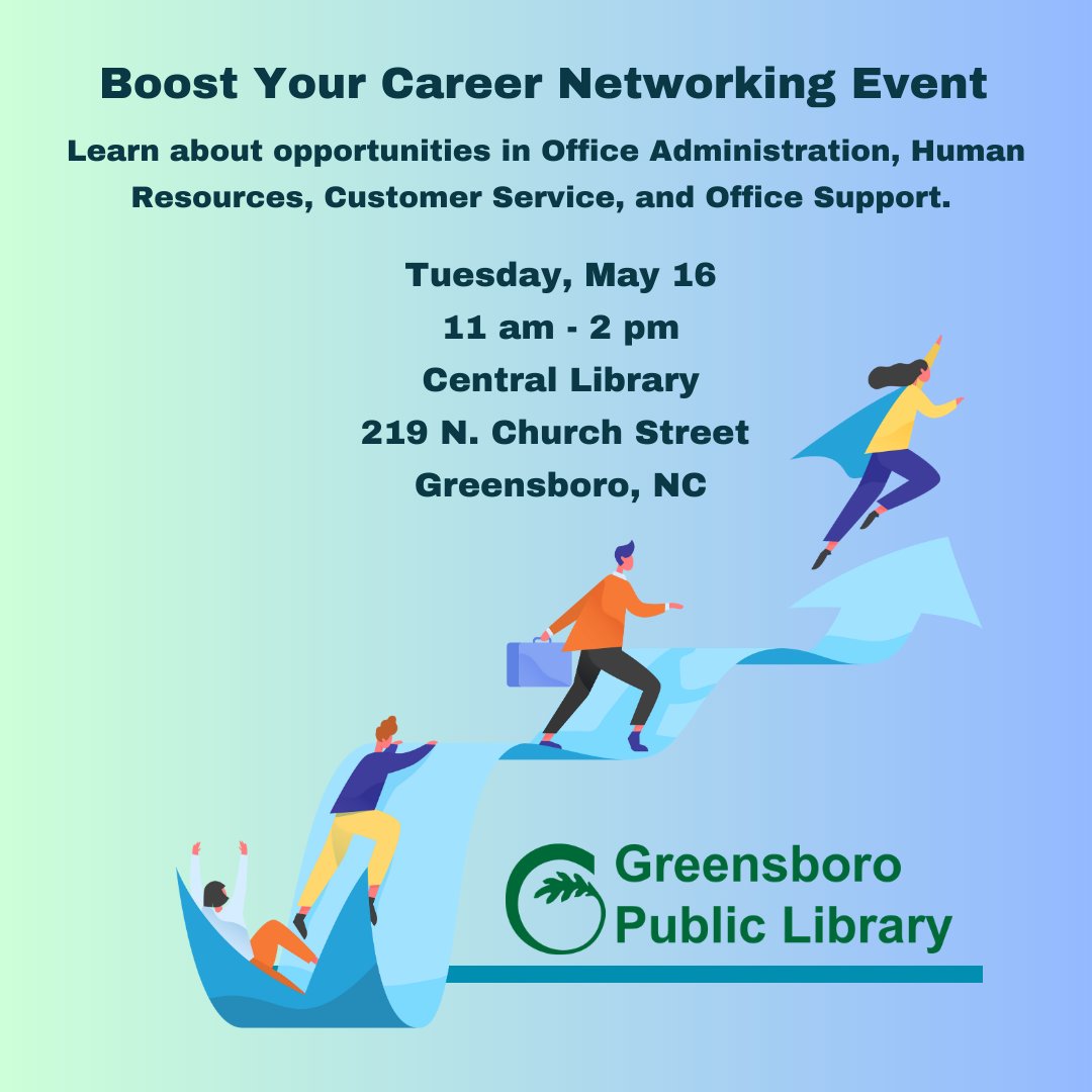 Boost Your Career Networking Event |#Greensboro, NC 05/16/2023 | 11:00 AM - 02:00 PM|

See flyer, register <a href="/GSOLibrary/">Greensboro Public Library</a>

#JobFair #Onsite #Jobseekers