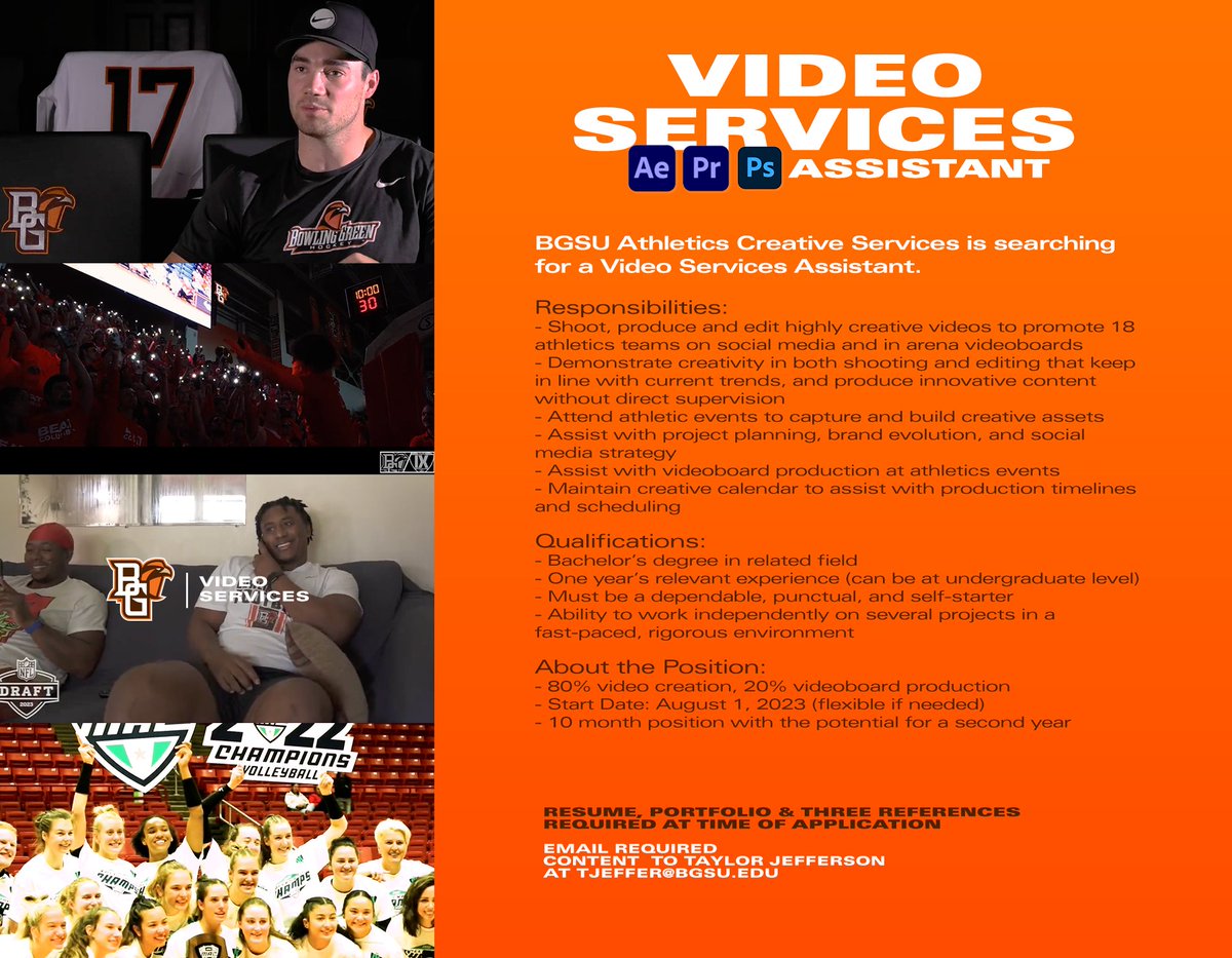 Now Hiring! 📽️
Video Services Assistant for BGSU Athletics. 

For full details: bit.ly/40ZyDIK