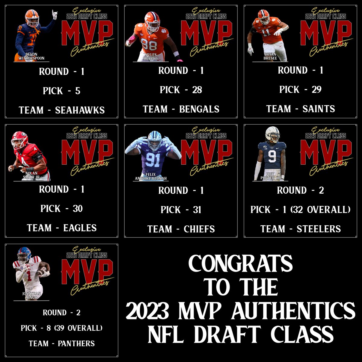 With the 2023 #NFLDraft in the books, wanted to shout out to our draft class of exclusives and say congrats and ready to watch each of you excel at the next level. 
#DevonWitherspoon
#MylesMurphy
#BryanBresee
#NolanSmithJr
#FelixAnudikeUzomah
#JoeyPorterJr
#JonathanMingo