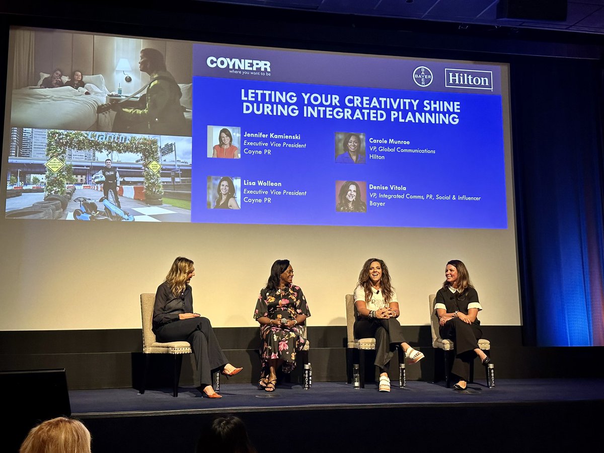 CoynePR's tweet photo. Our team was honored to host a panel at the PRovoke Innovation Summit today on “Letting Your Creativity Shine During the Integrated Process,” with our clients from Hilton and Bayer. ✨ #PRovokeNA @HiltonNewsroom @BayerUS https://t.co/GjNUufLKTd