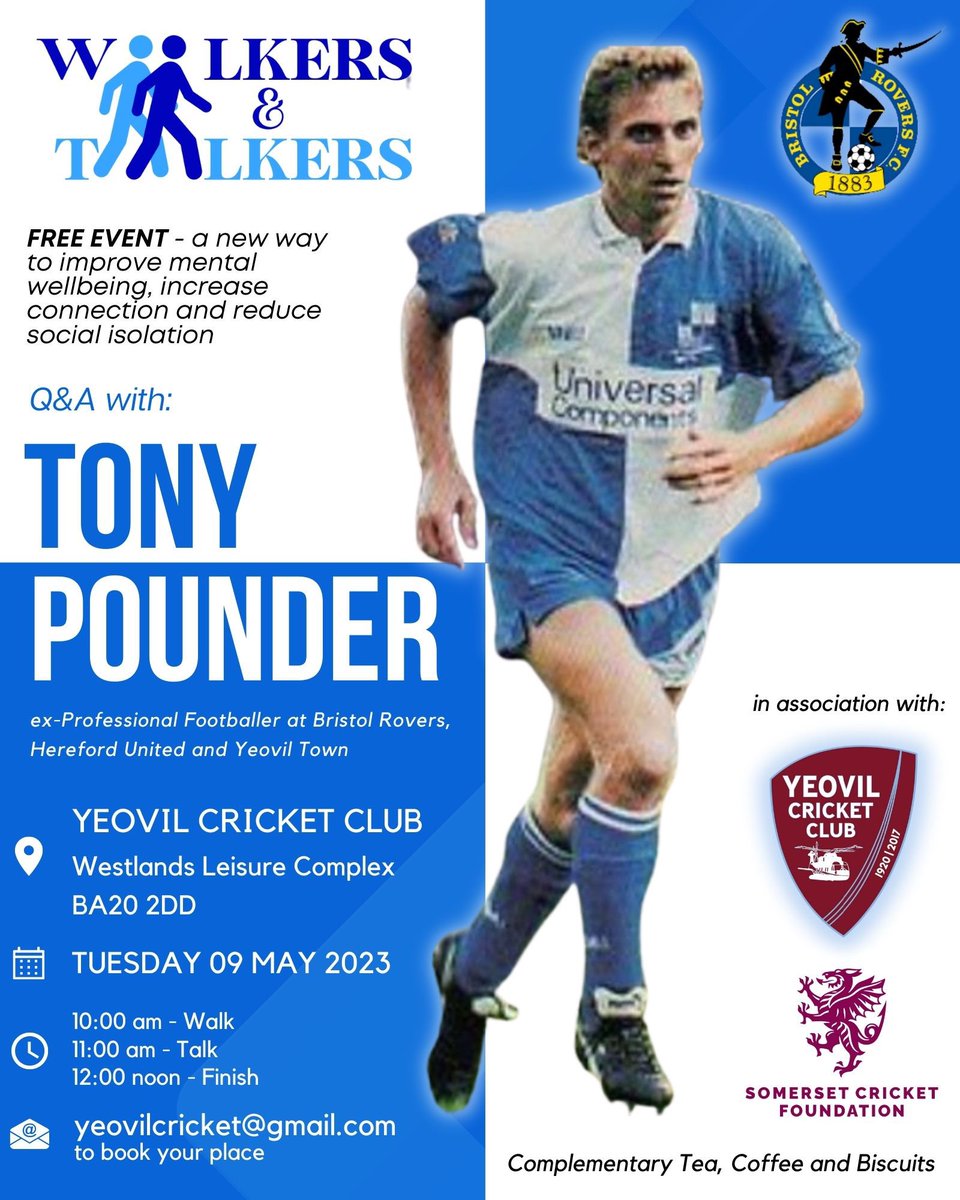 Just a week until our <a href="/walkandtalkers/">Walkers & Talkers</a> and we couldn’t have wished for a better first guest.  

<a href="/touche011/">Tony Pounder</a> will be sharing his stories about Football, Family and Mental Health. 

Fancy a change of scene, a cup of tea, a stroll and a chat with Tony?

See you there 🏏⚽️☕️